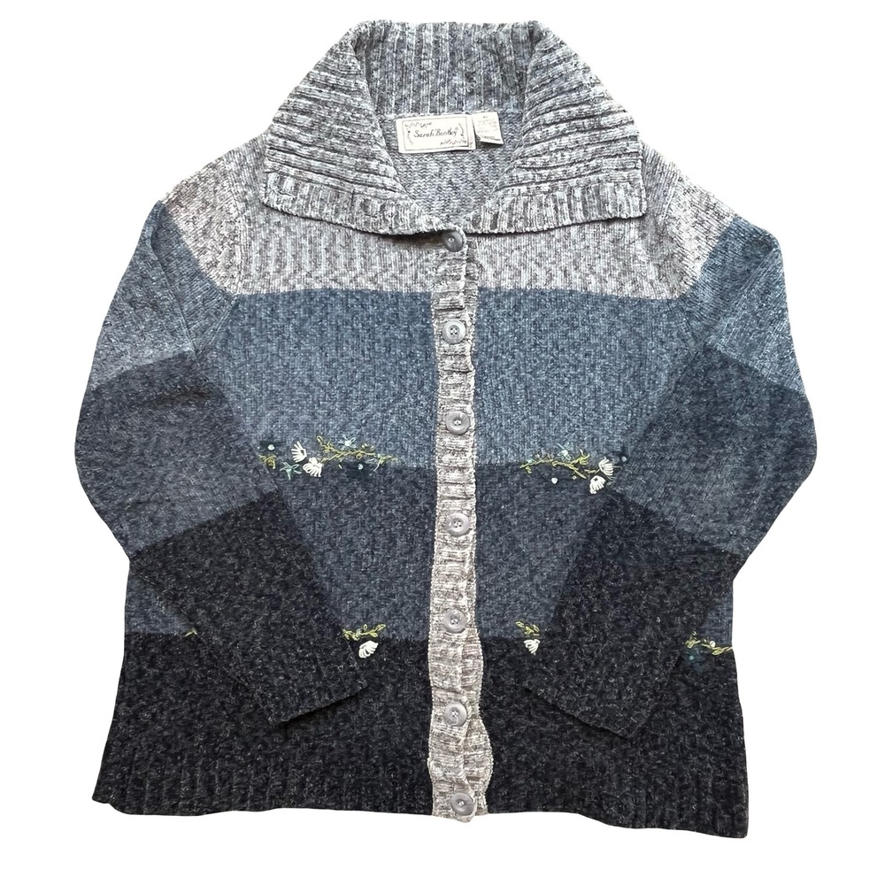 Sarah Bentley Womens XL Blue Grey Colorblock Floral Embroidered Cardigan Sweater